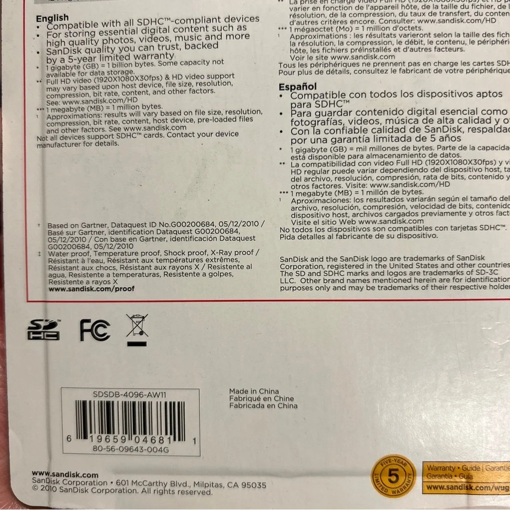 NIB SANDISK 4GB SDHC Card BRAND NEW Sealed MEMORY CARD Camcorders Cameras